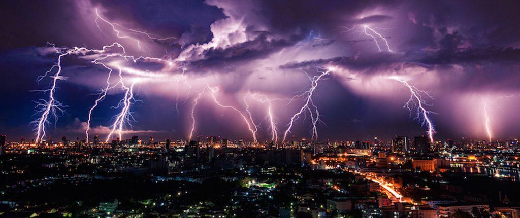 bright lightning over city at night