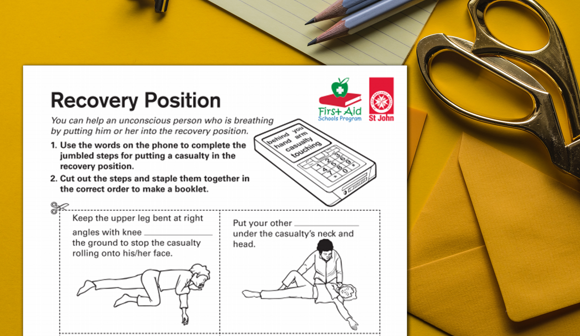St John First Aid in Schools Program free resource - Recovery position worksheet