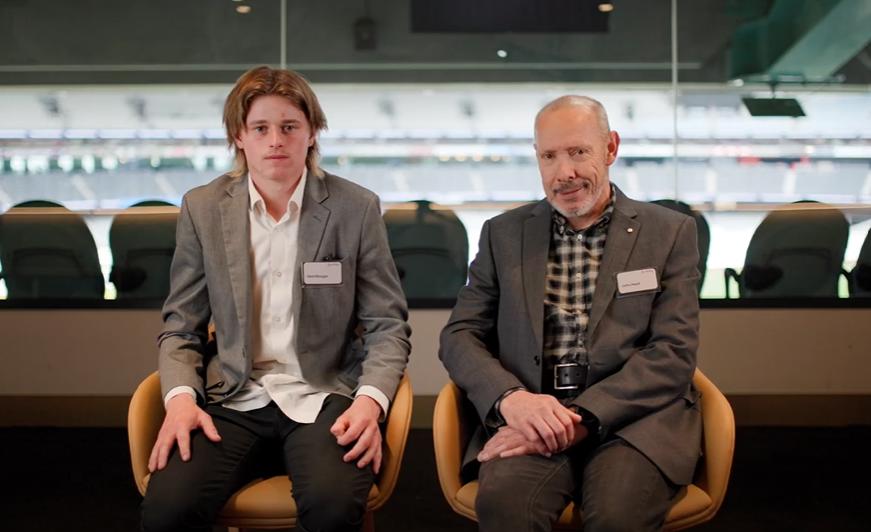 Ned and John sharing their story during an interview on the First Aid Champion Awards event day, at Marvel Stadium